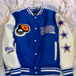 Zara Blue and White Varsity Jacket with Patches very unique